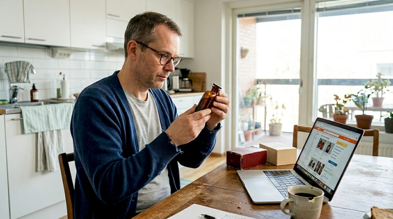 Mies selvittää kotona hajuvesien jälleenmyyntiarvoa
