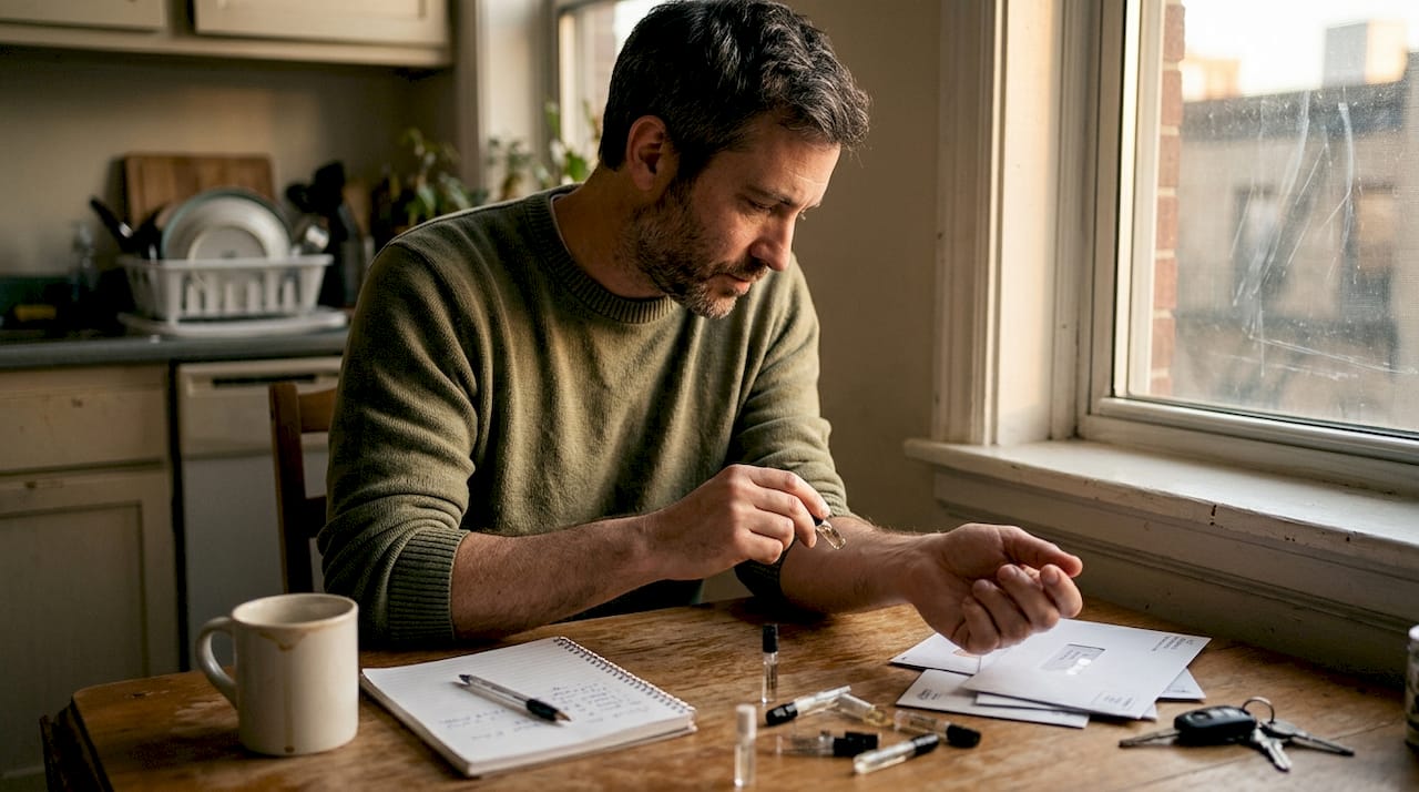 Man testing perfume sample on forearm