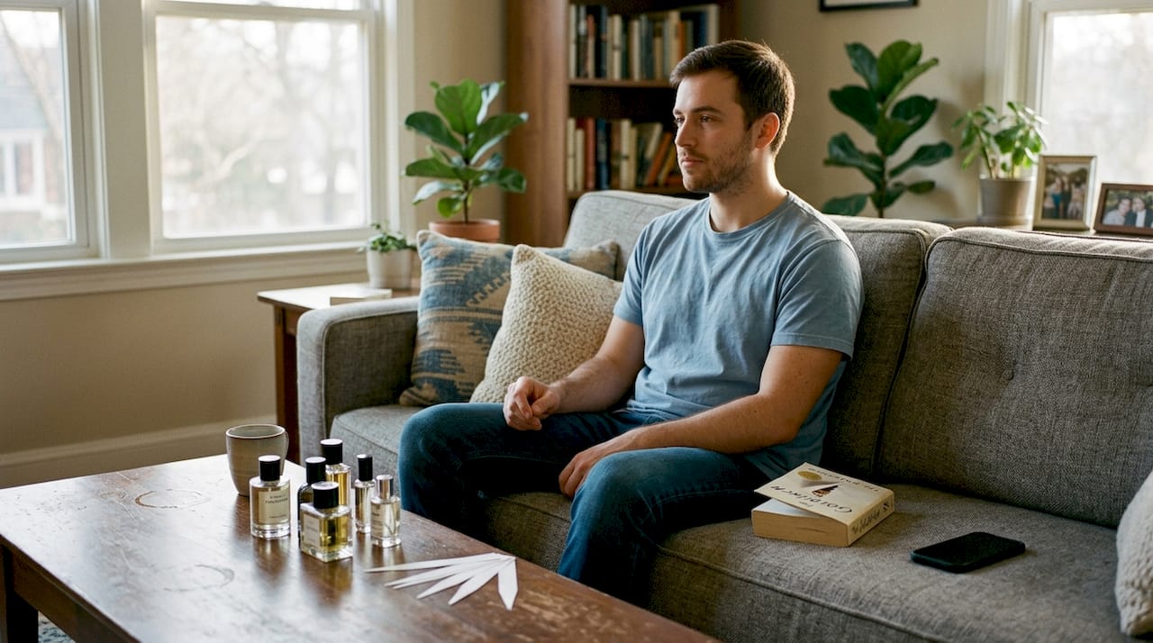 Man waits between fragrance layering sprays