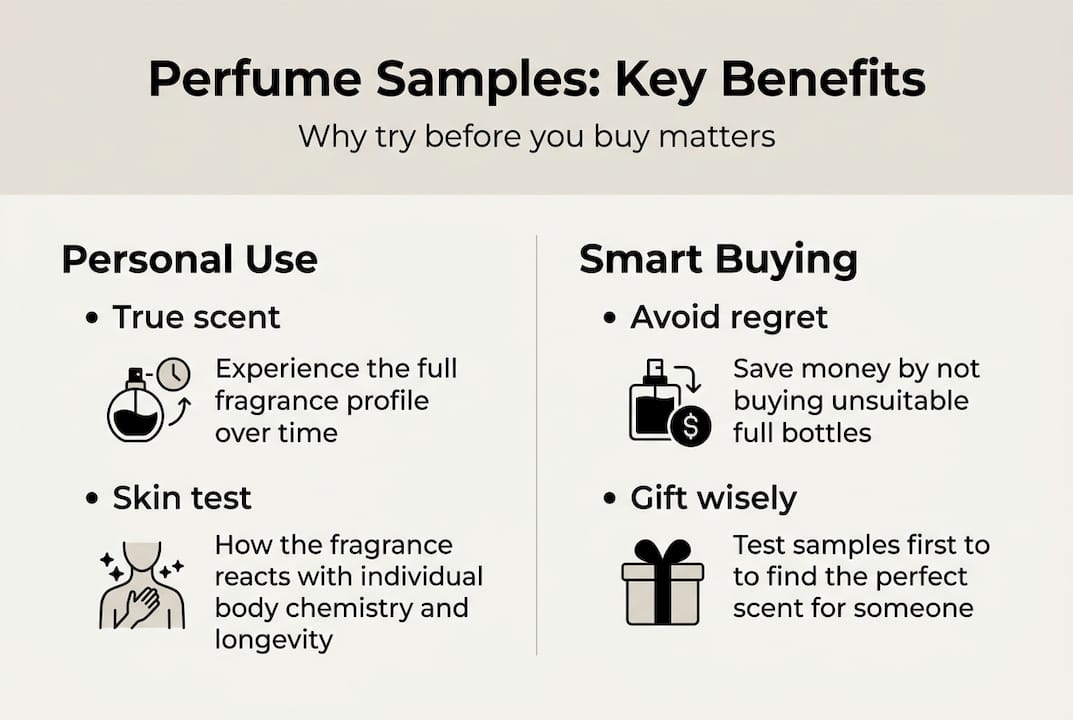 Infographic showing main perfume sample benefits