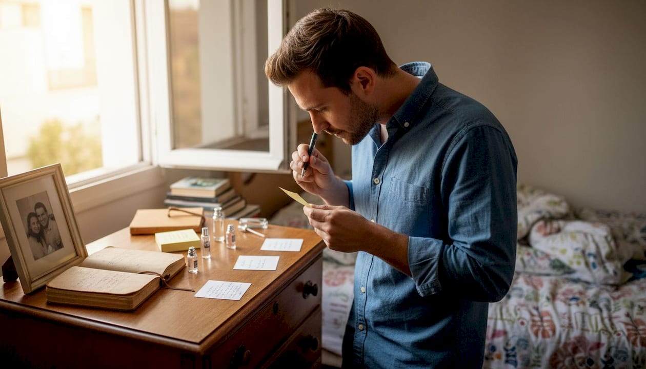 Man testing scent and making fragrance notes