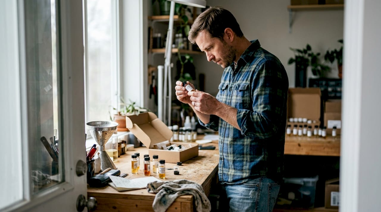 Man comparing perfume samples in bathroom