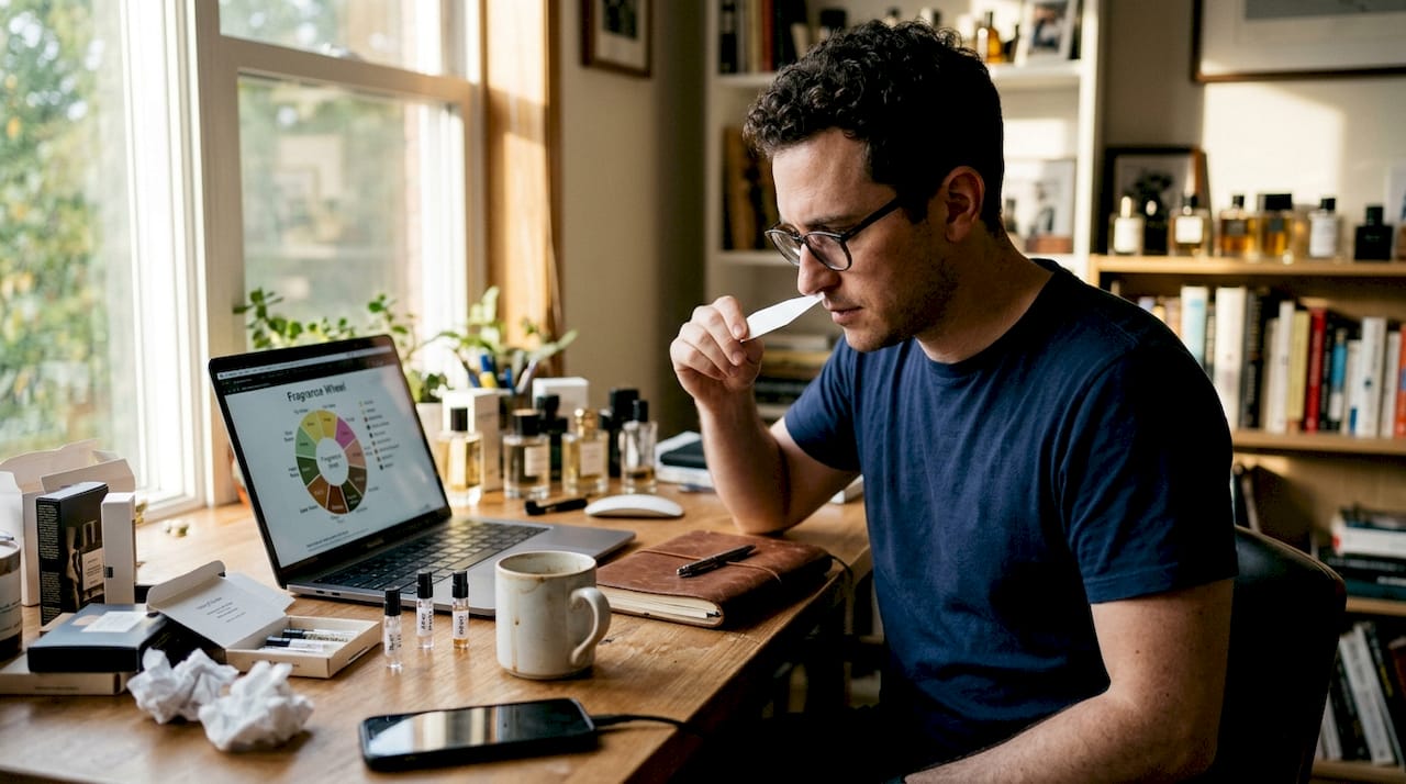 Man comparing scent layers with blotter and chart