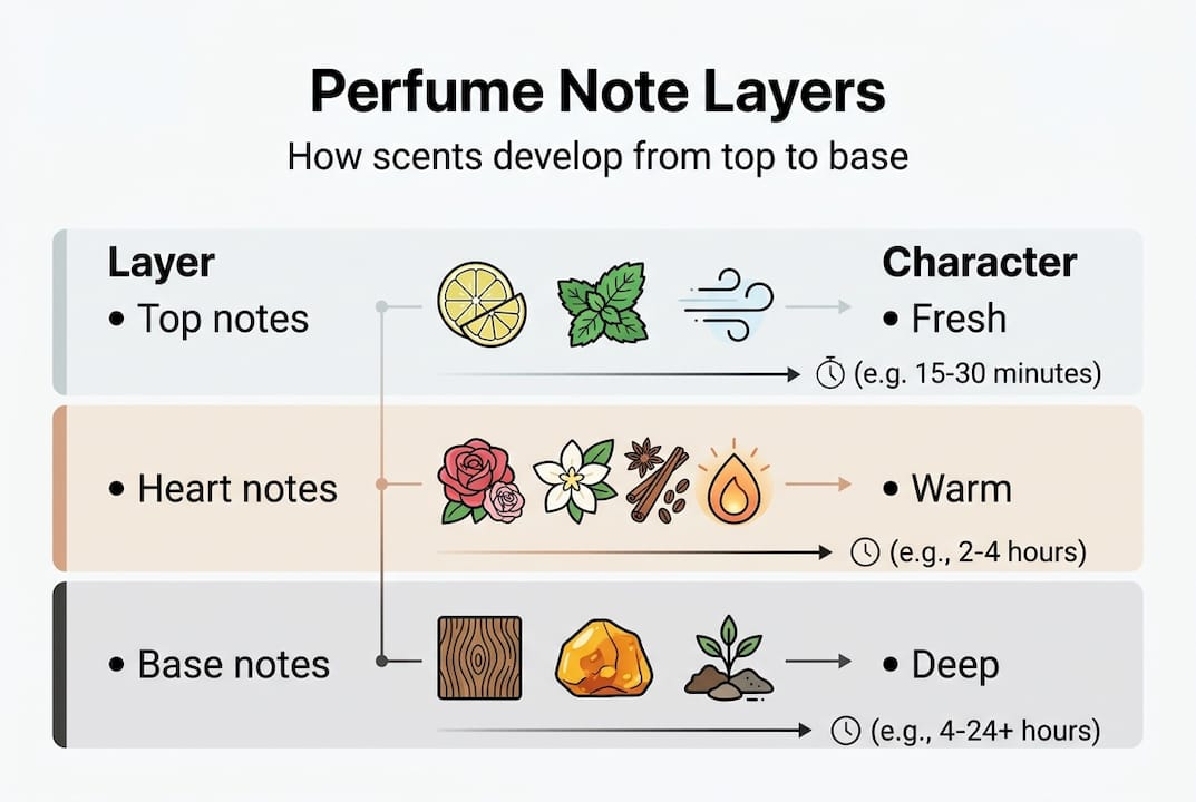 Infographic outlining perfume note layers and evolution
