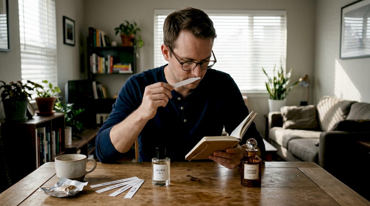 Man sampling fragrances on scent test strips