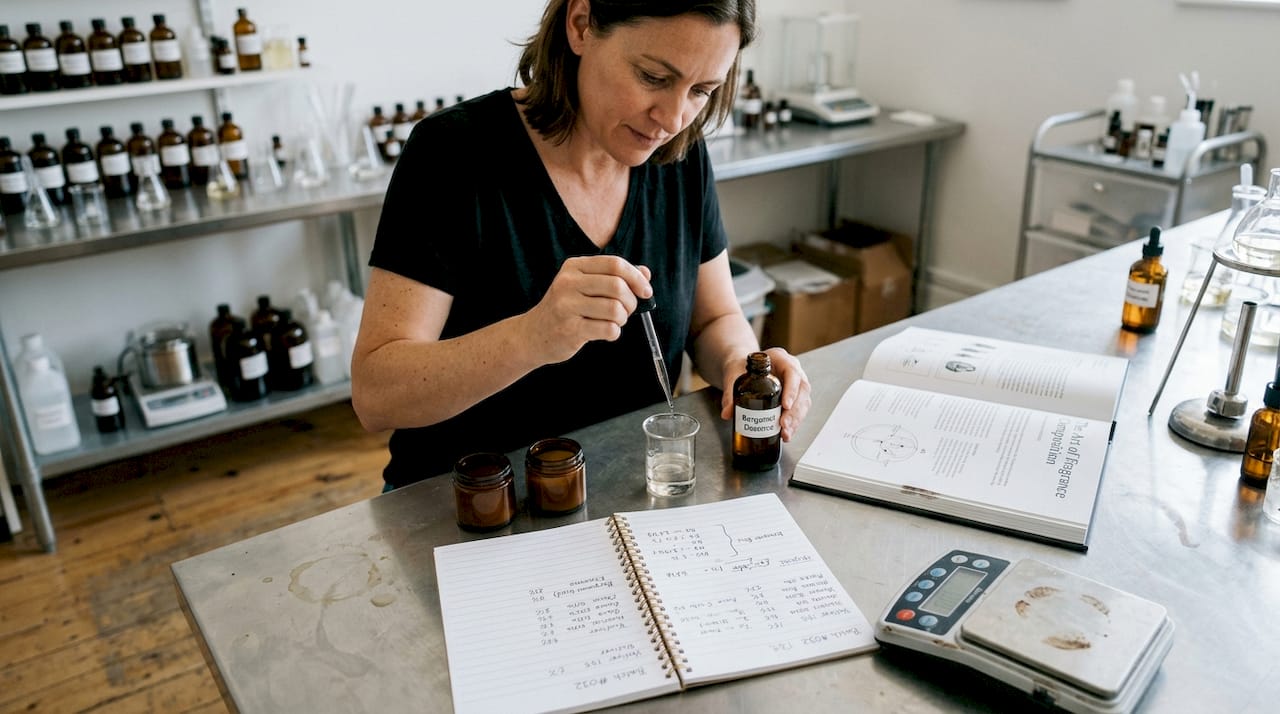 Perfumer blends fragrance notes in studio
