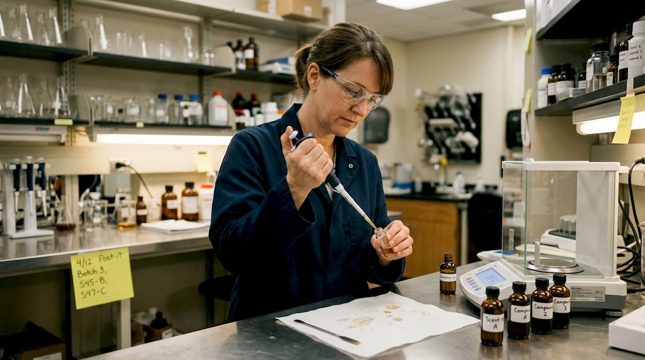 Lab technician preparing perfume sample vial