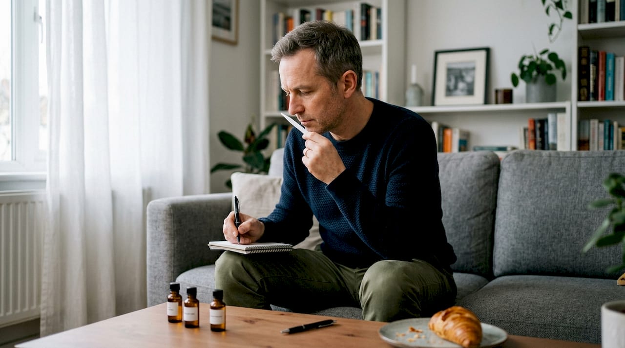 Man note-taking while testing perfume at home