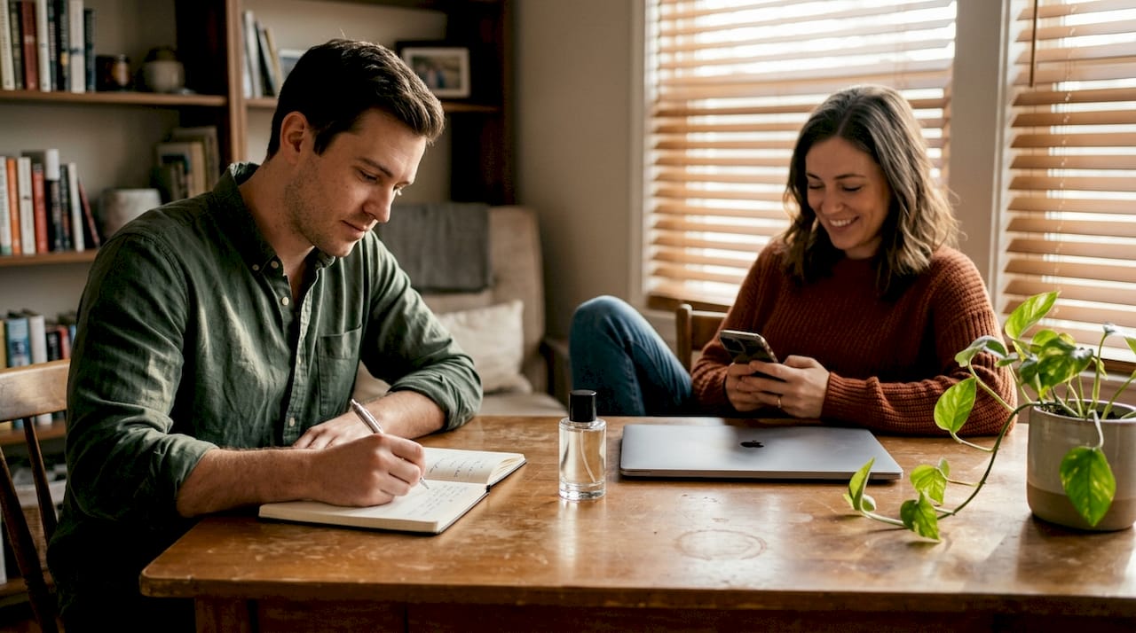 Two adults share perfume at home desk