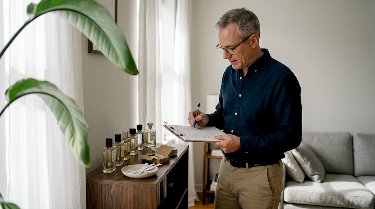 Man checking fragrance list in living room