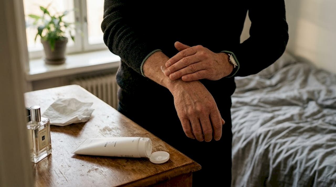 Mies levittää kosteusvoidetta ennen kuin suihkauttaa hajuvettä.