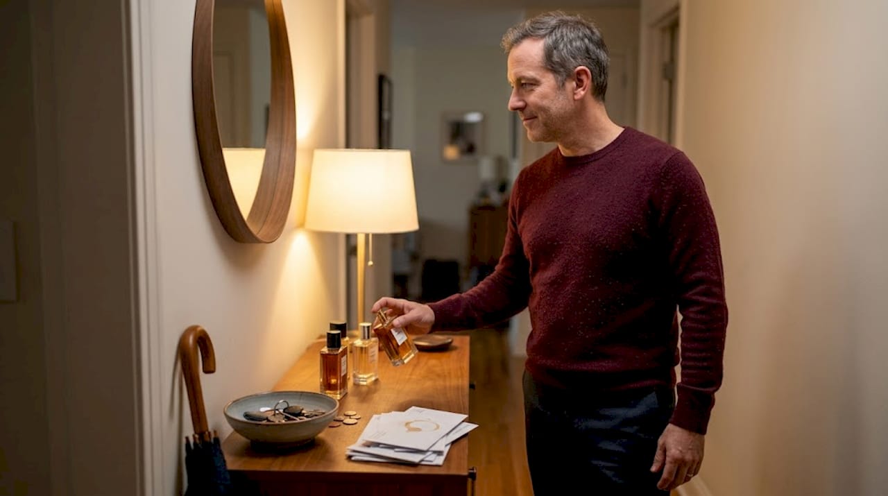 Man selecting fall fragrance at entryway