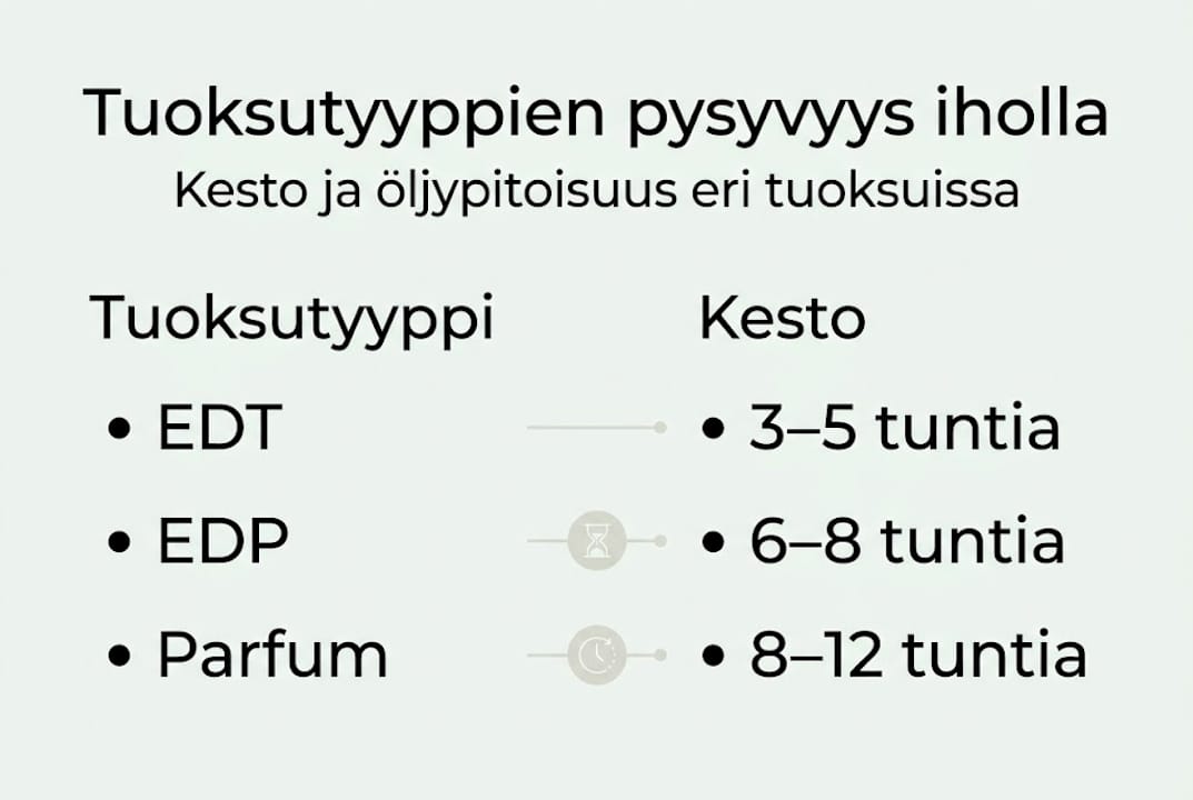Kuvio: Eri tuoksutyyppien pysyvyys iholla