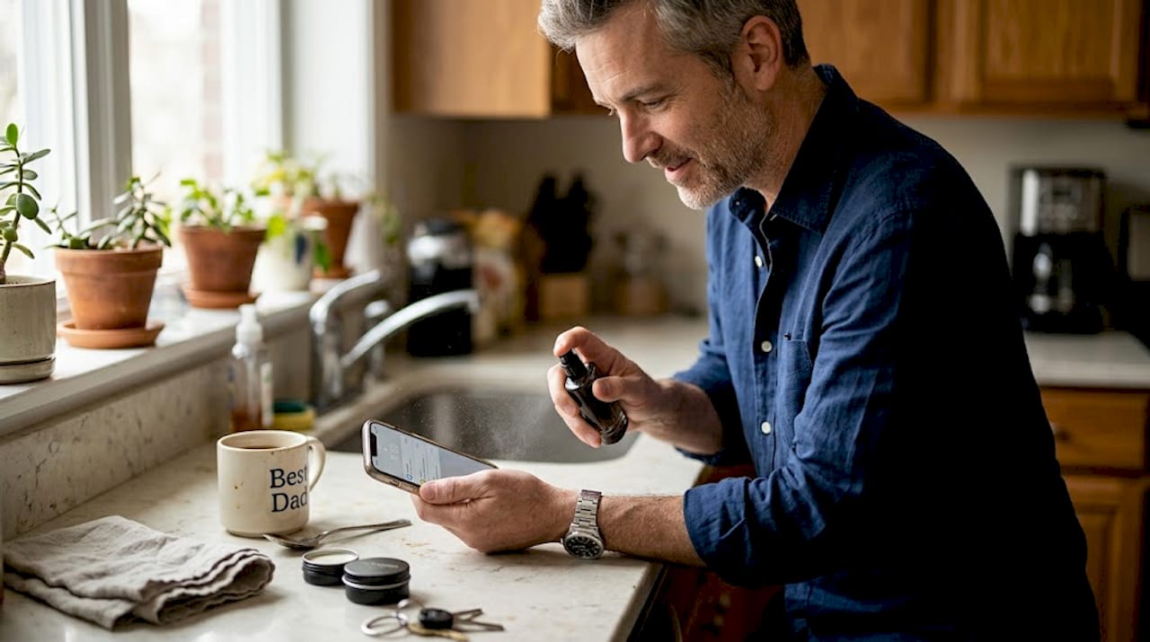 Man applying travel spray perfume
