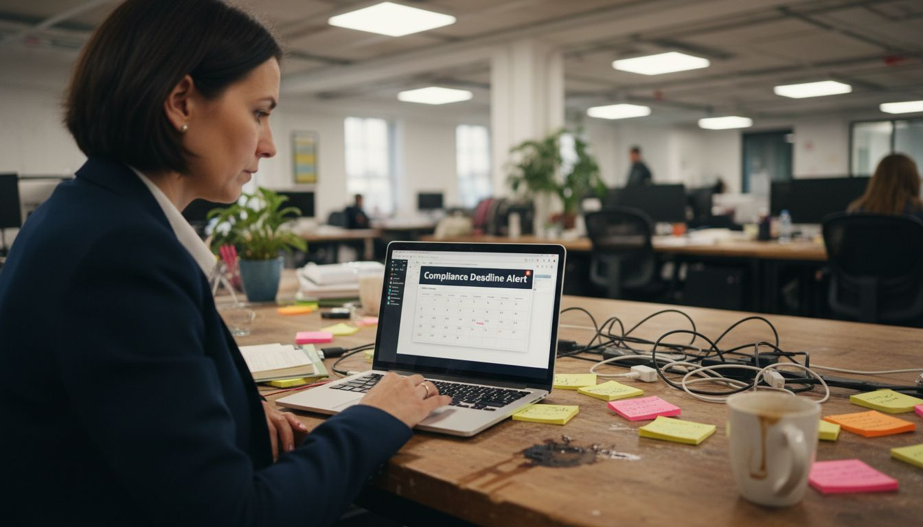 Woman reviews compliance alert on laptop