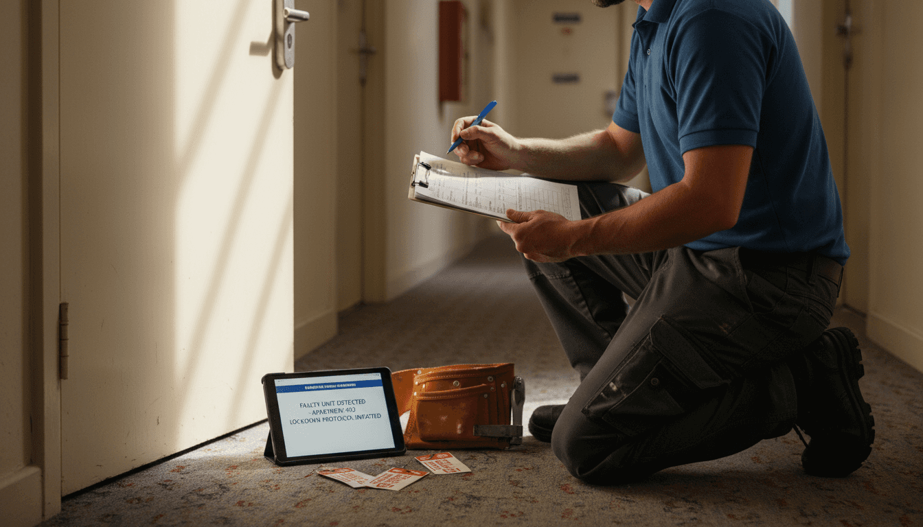 Technician inspects IoT smart lock for rentals