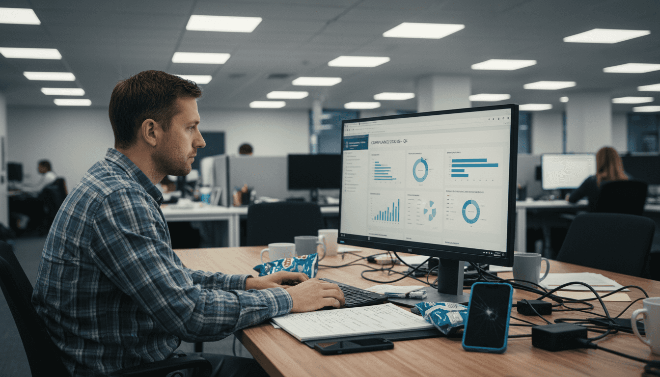 User checking compliance dashboard in office setting