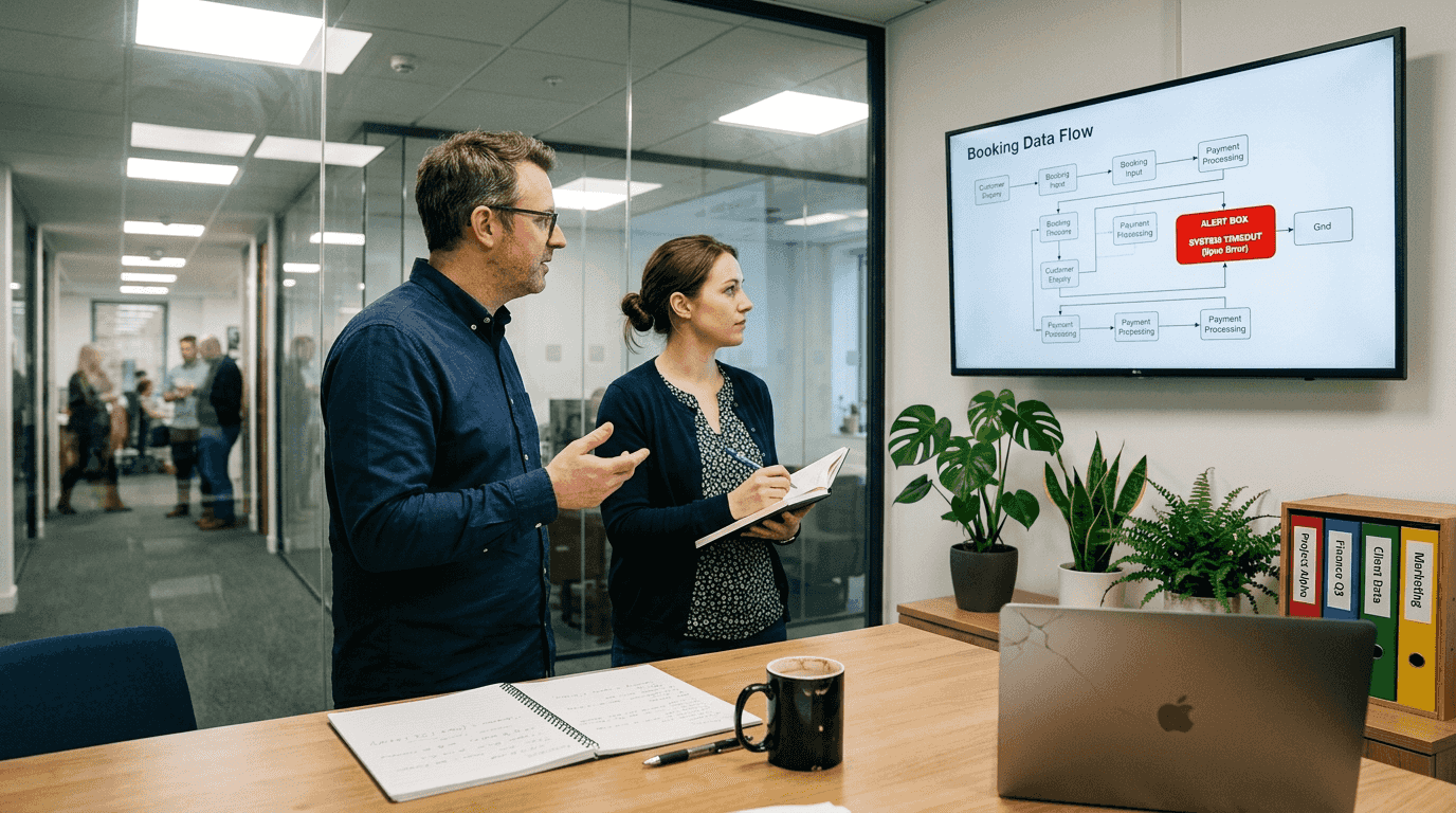 Team reviewing booking synchronization flowchart