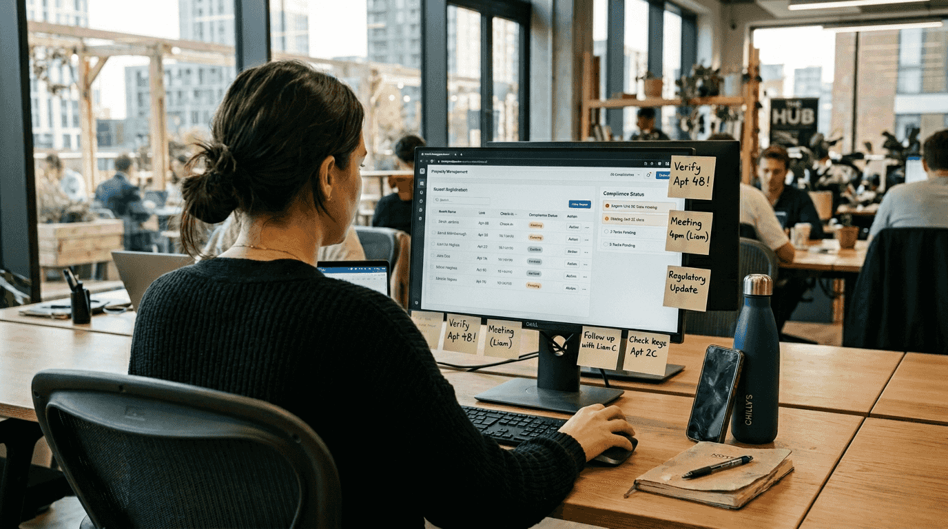 Woman using guest management software at desk