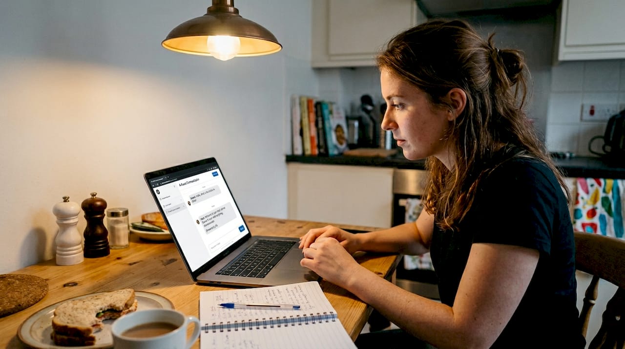 Woman using AI guest chat on laptop kitchen table