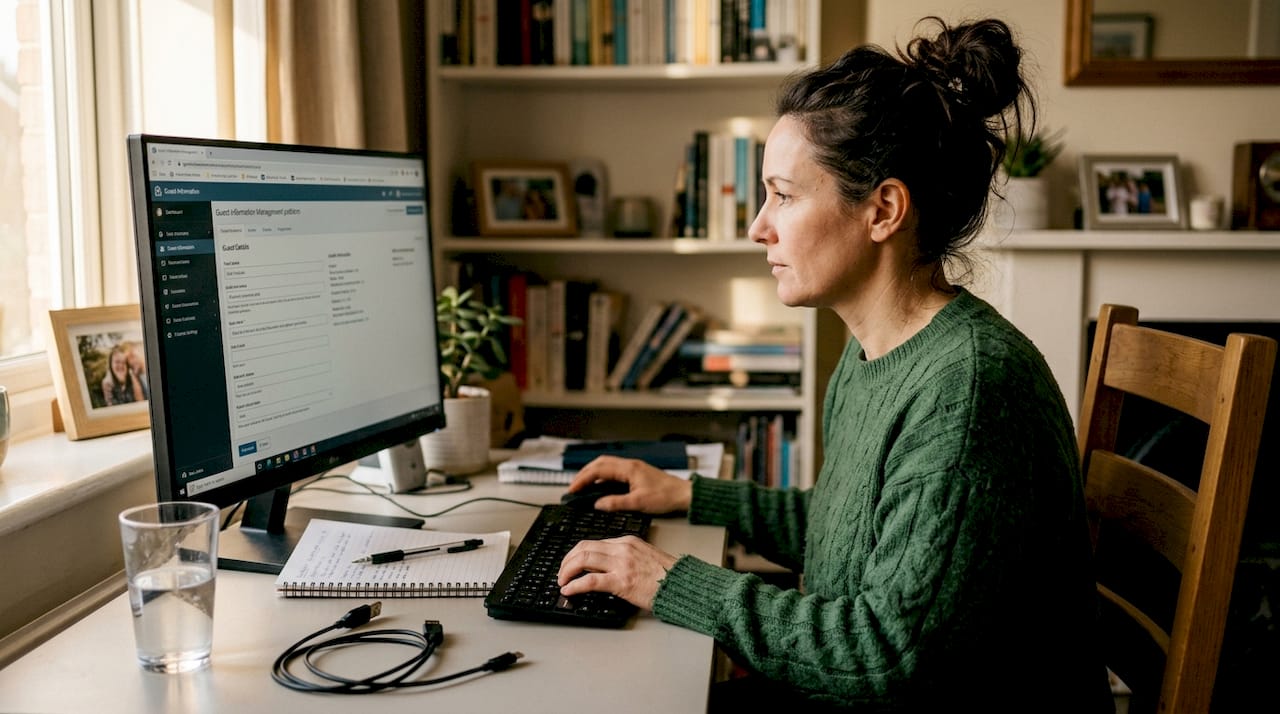 Woman using guest data automation at her desk