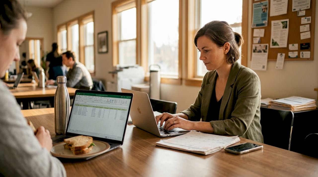 Manager entering rental compliance data on laptop