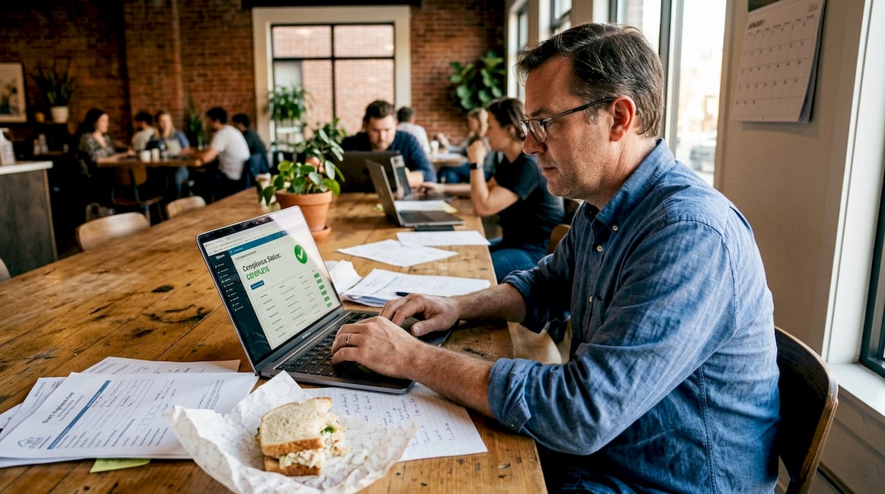 Manager reviews digital compliance dashboard