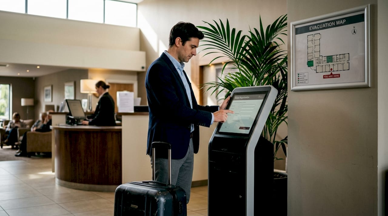 Guest entering data at self check-in kiosk