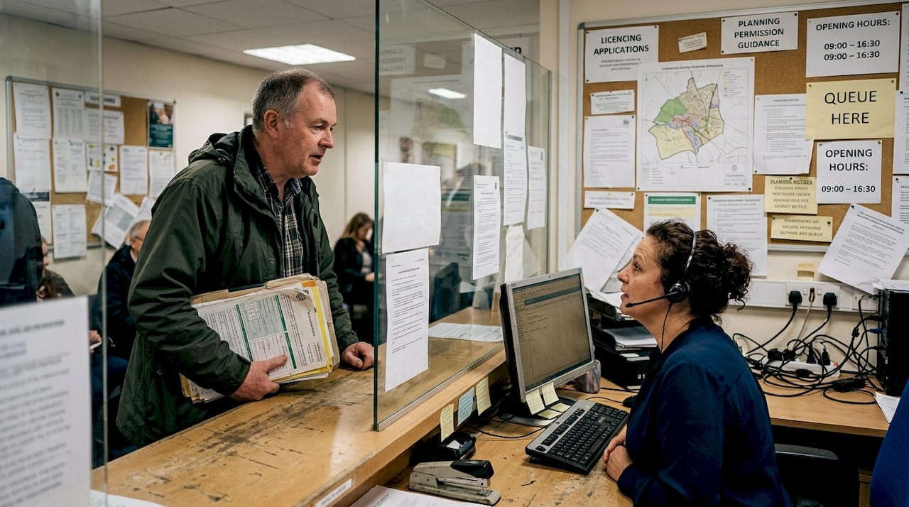 Man submitting rental permit at city office