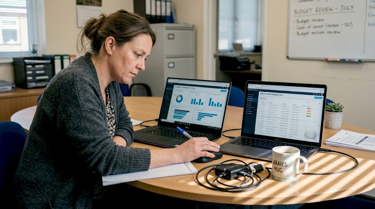 Property manager comparing two software dashboards