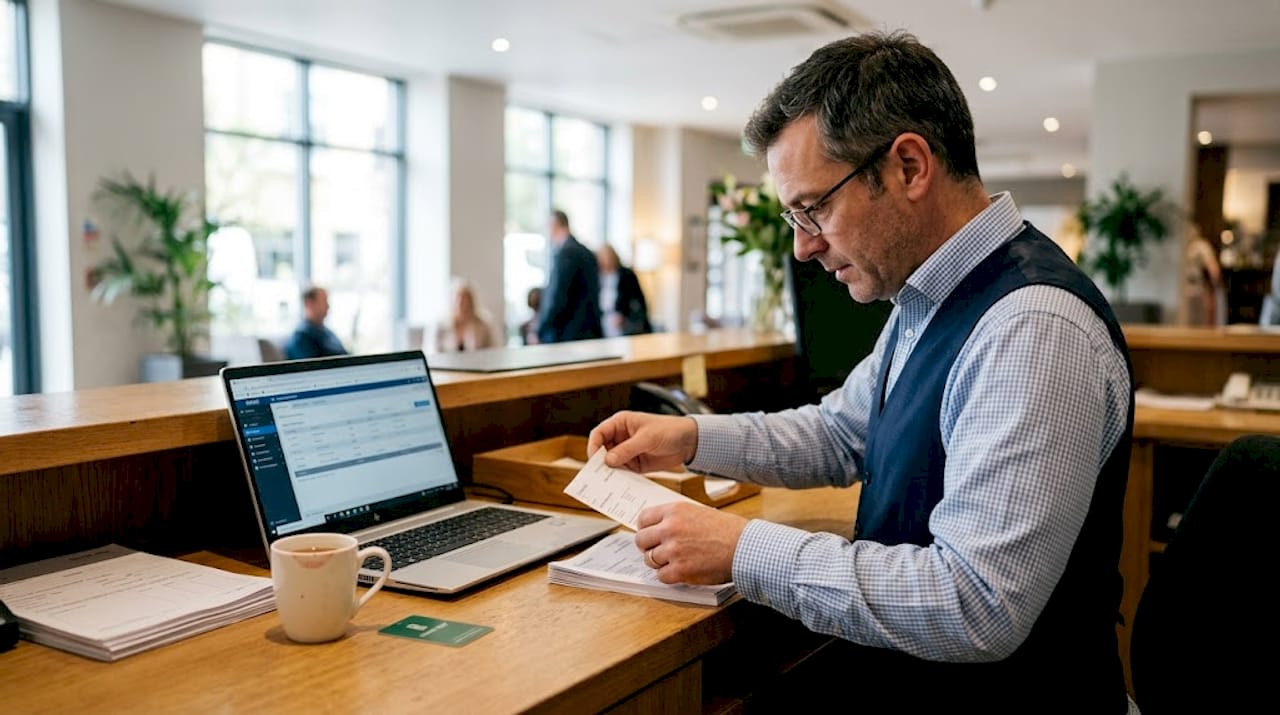 Front desk agent managing PMS integration tasks