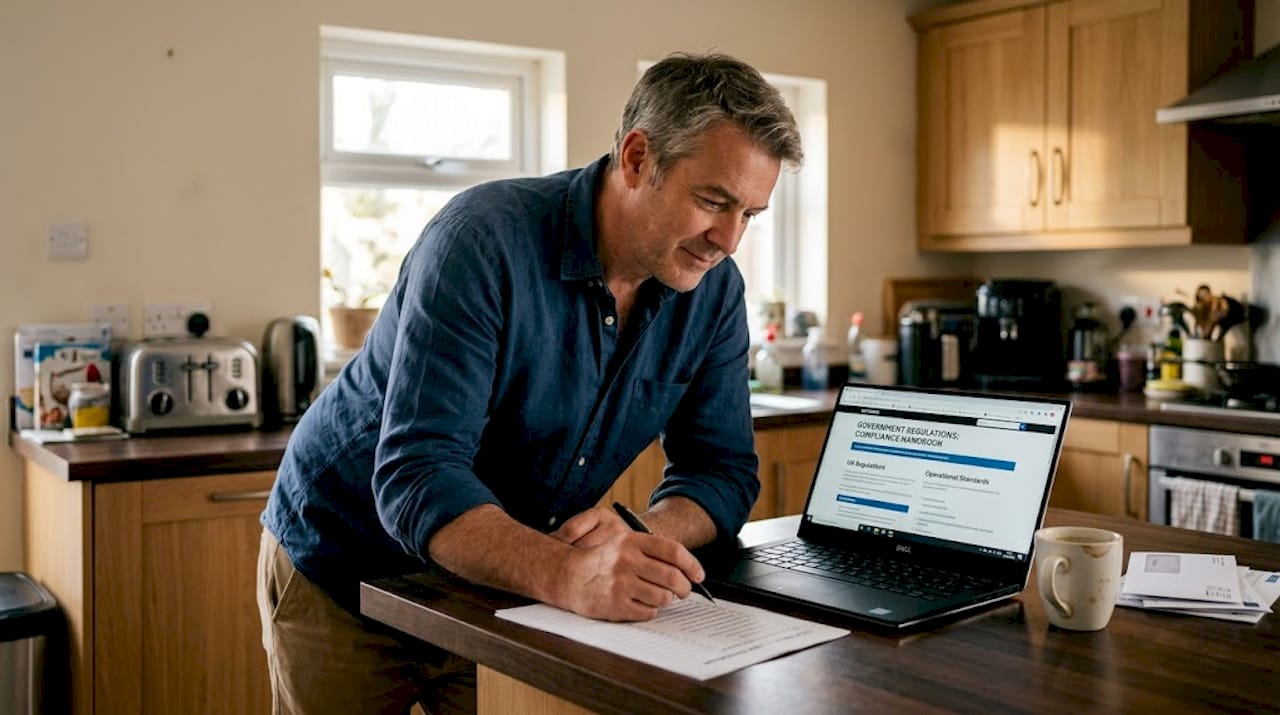 Manager reviewing compliance changes at kitchen counter