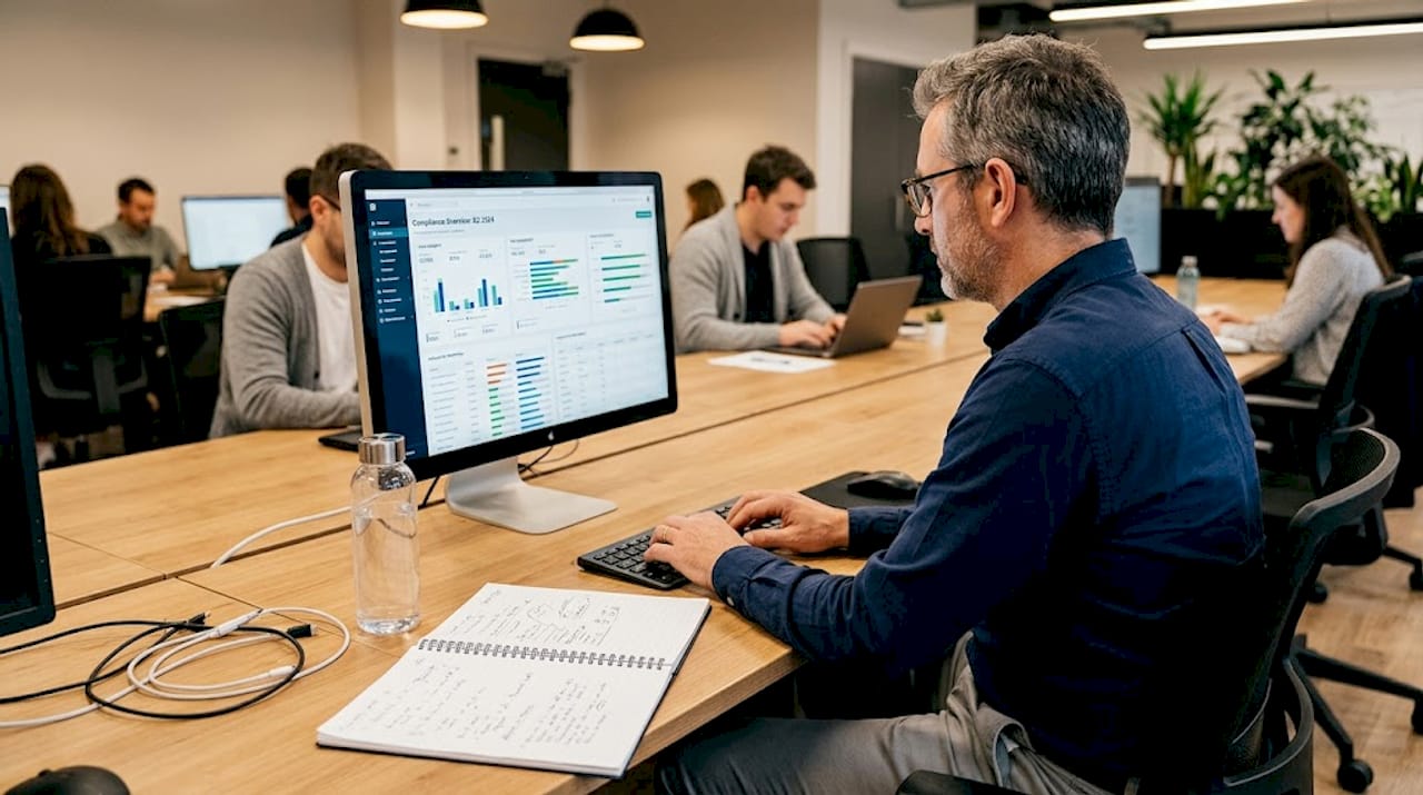 Manager updates compliance dashboard at coworking desk