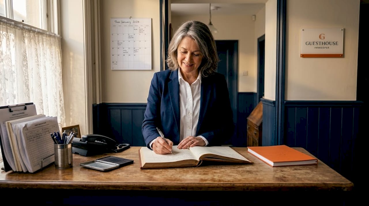 Innkeeper records guest info in paper logbook