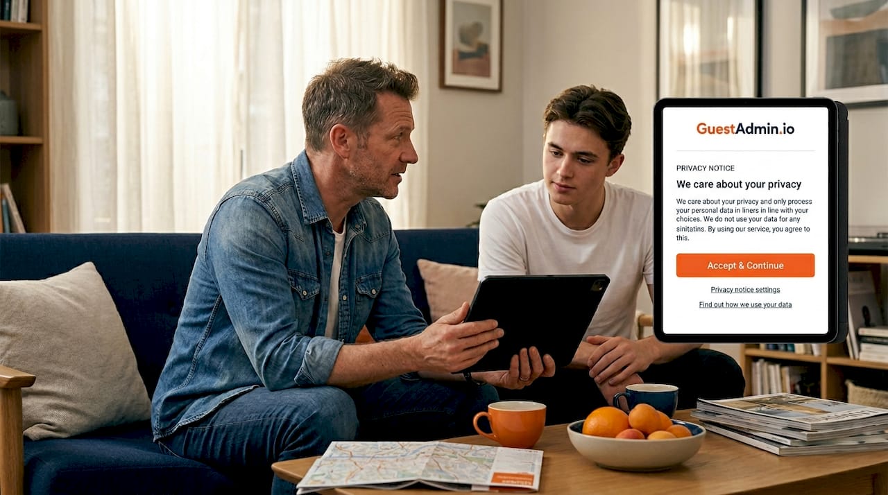 Host discusses guest rights using tablet