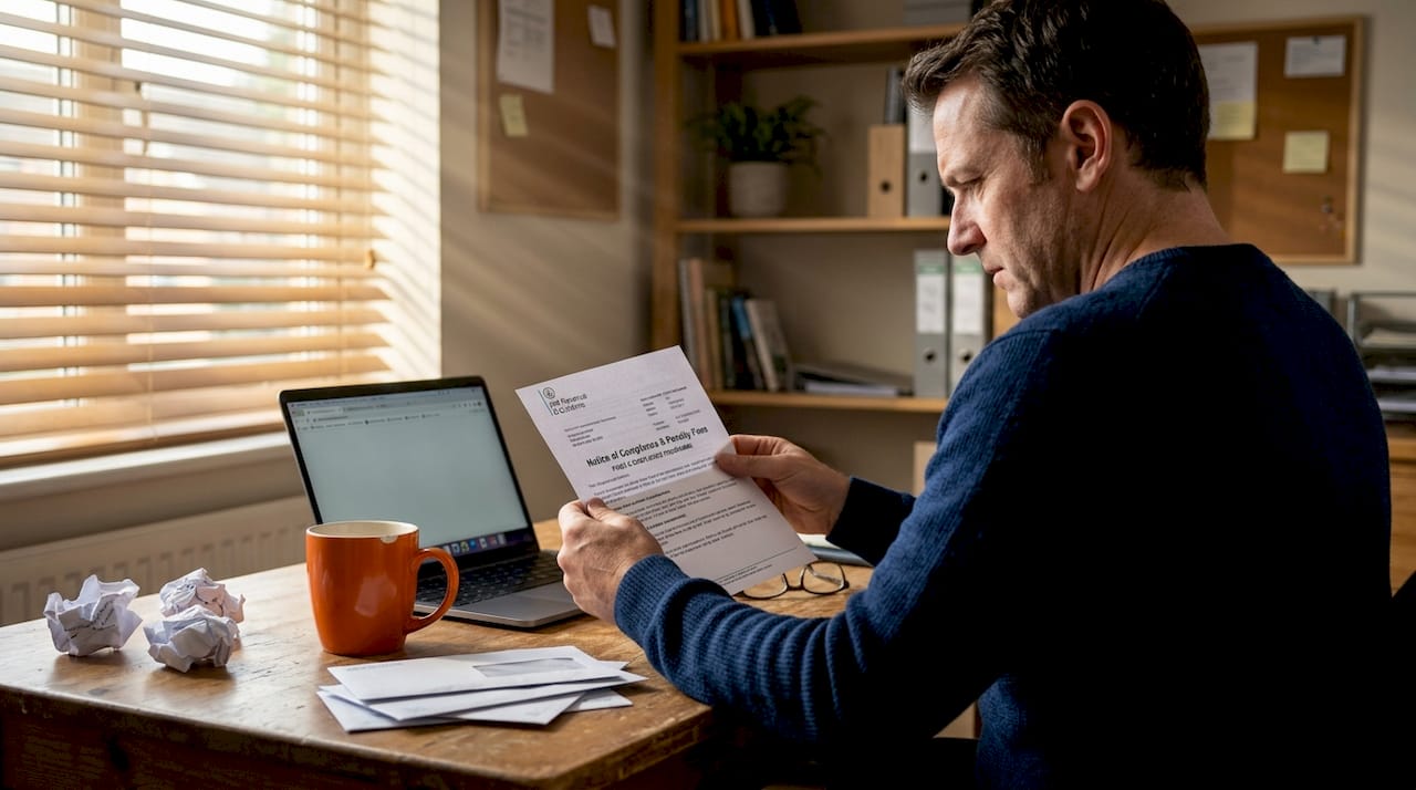 Man studies compliance fine letter at desk