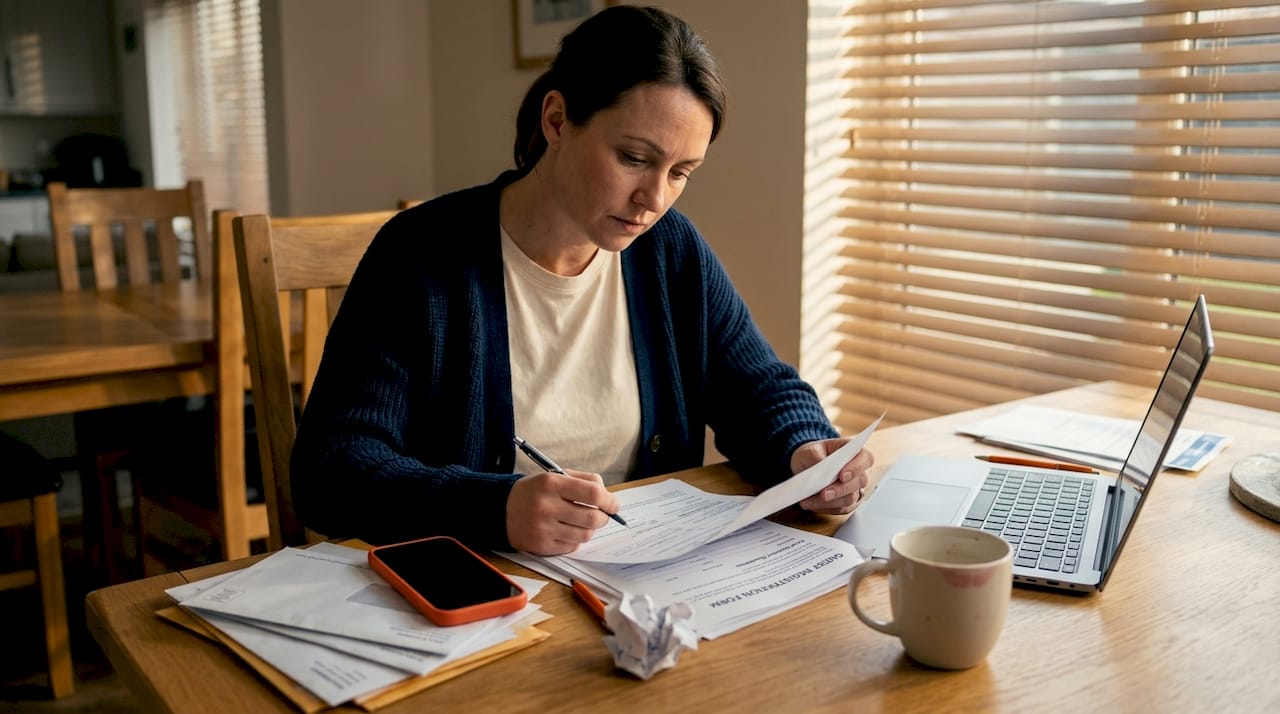 Property owner reviews compliance forms at home