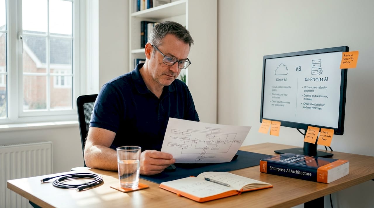 Consultant reviewing AI compliance diagram