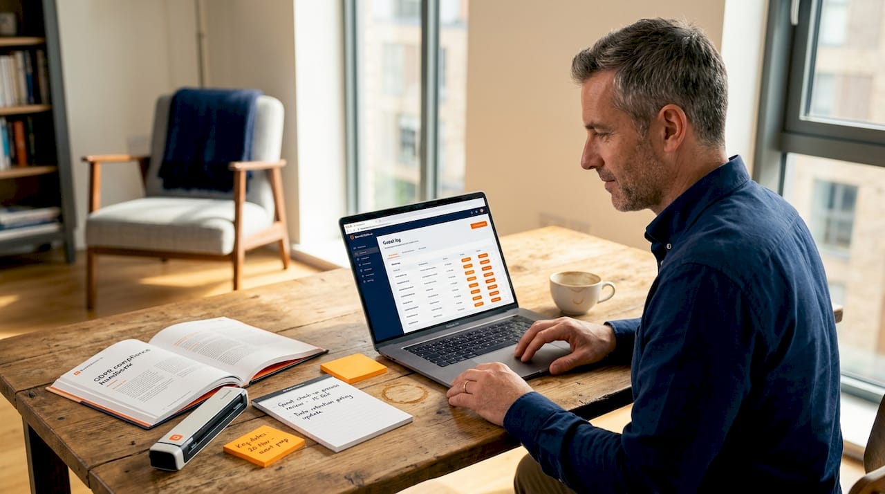 Person updates guest data privacy records at desk