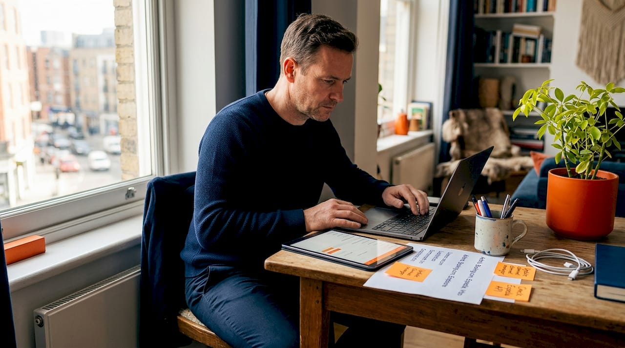 Manager centralizing bookings at kitchen table