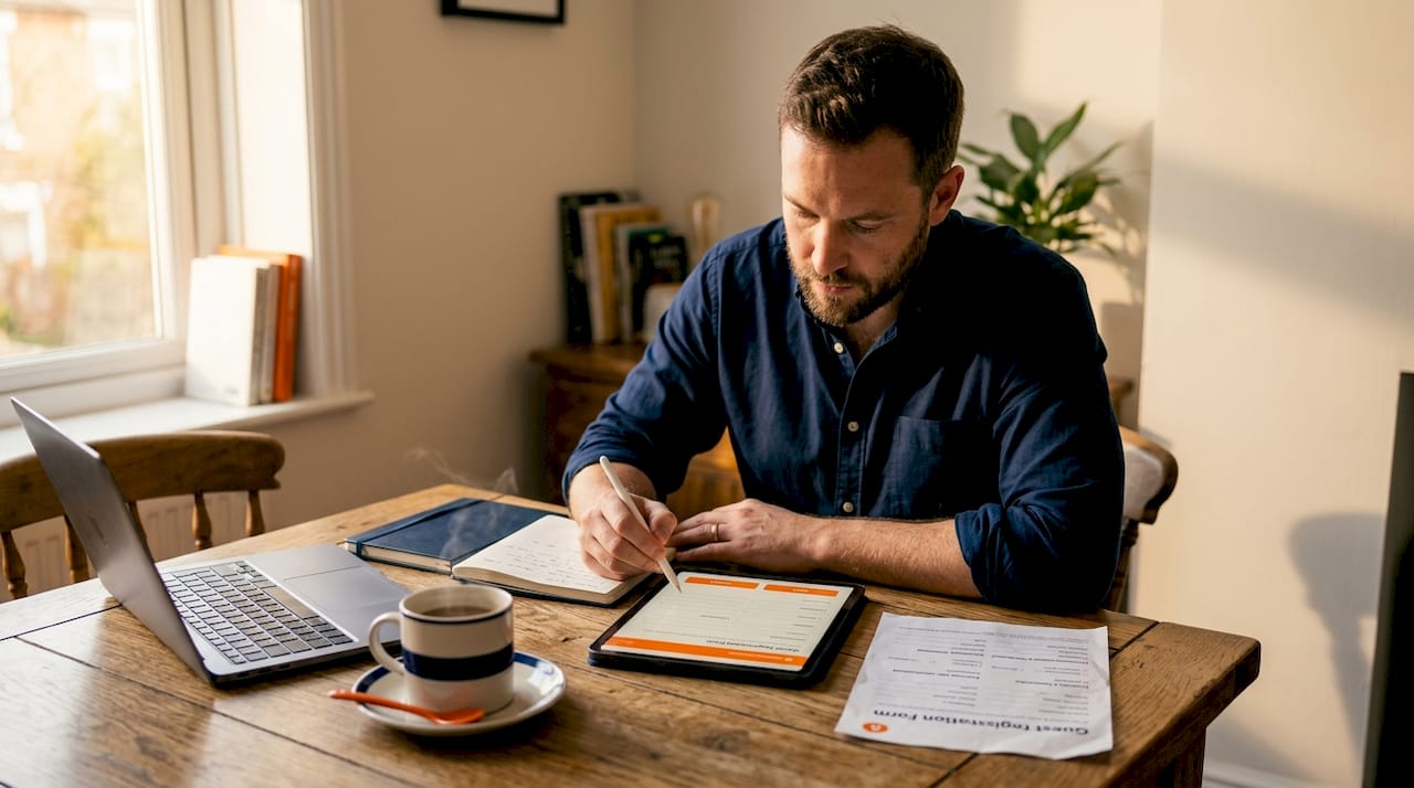 Rental owner using digital registration at kitchen table