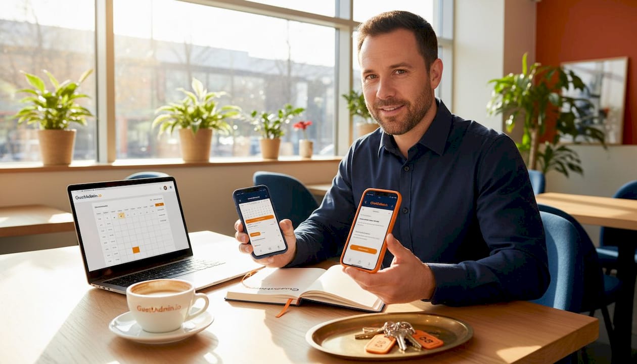 Manager multitasking rental bookings at kitchen table