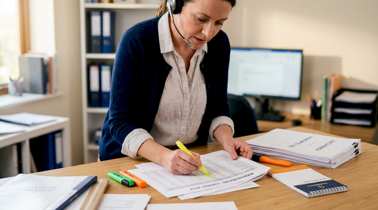 Hotel manager reviews booking reports by window