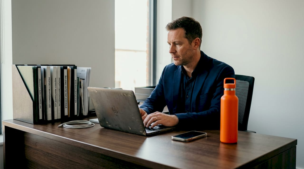 Property manager uses laptop for hotel APIs