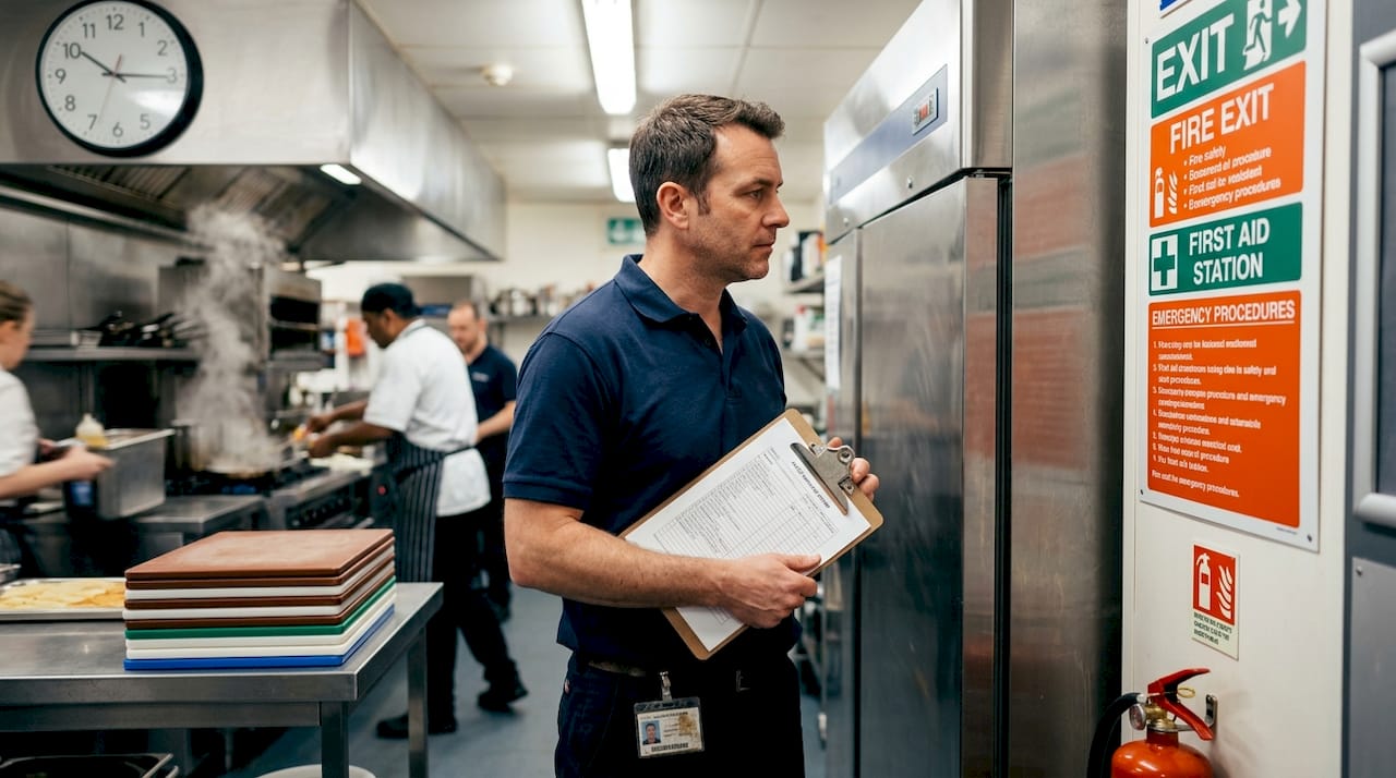 Health inspector checks hotel kitchen safety signage