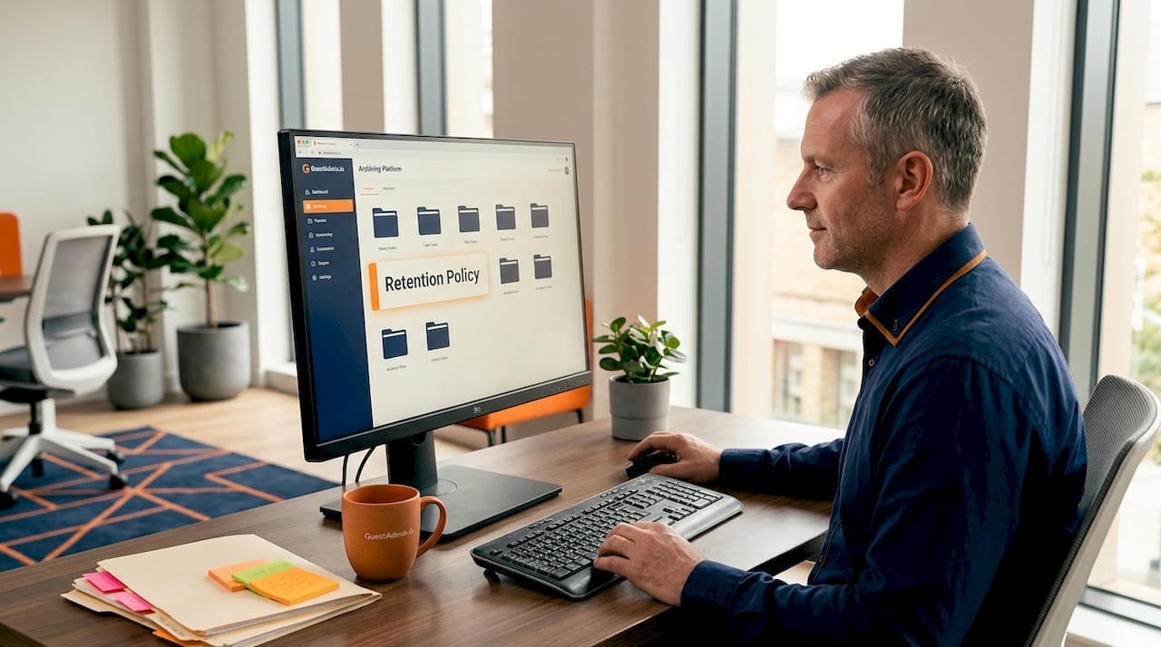 Manager reviewing guest record archiving platform