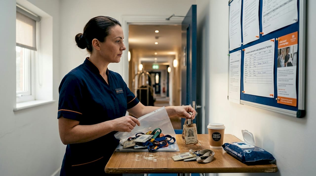Hotel supervisor reviewing old staff ID badges