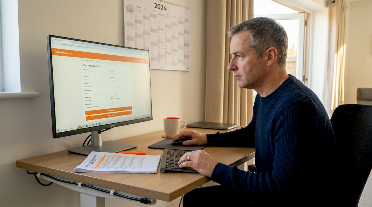 Man handling guest reservation data at home office desk
