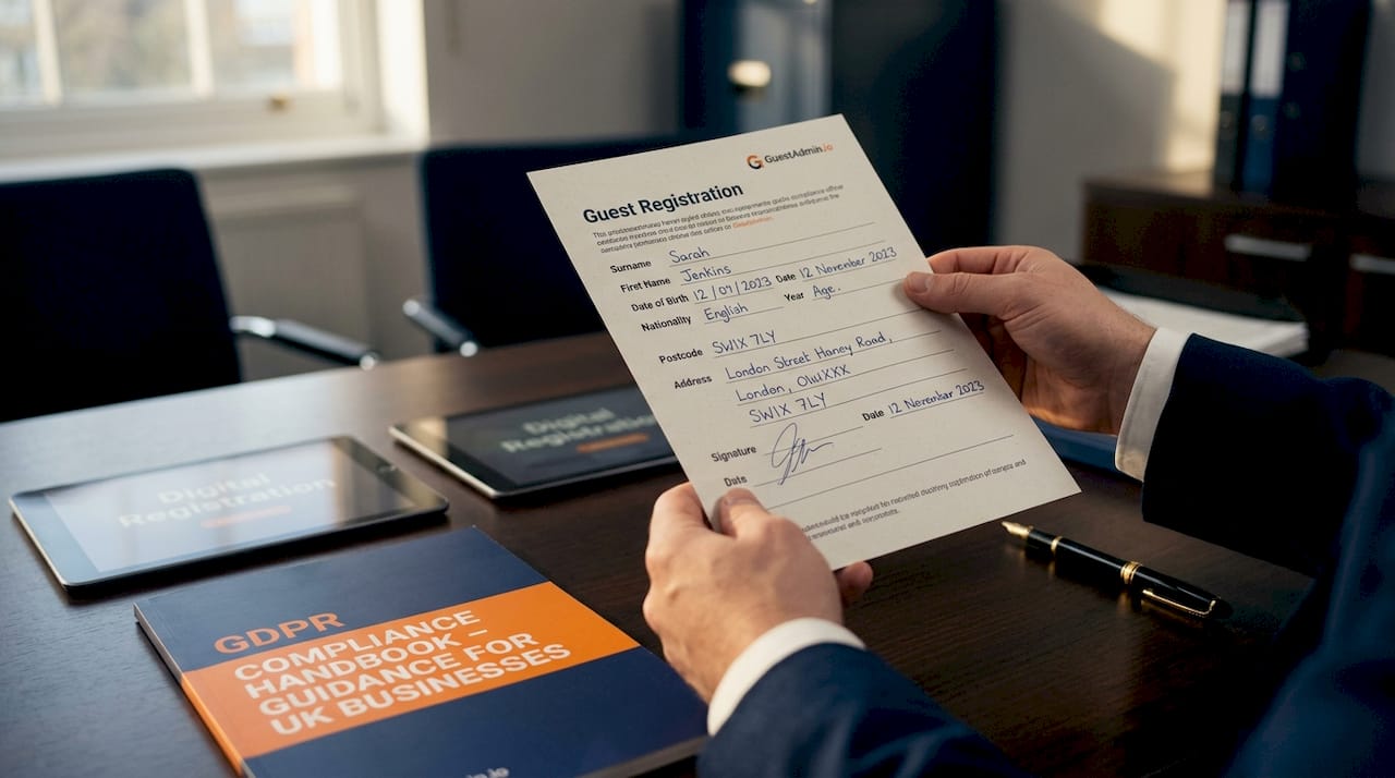 Hands holding guest registration form