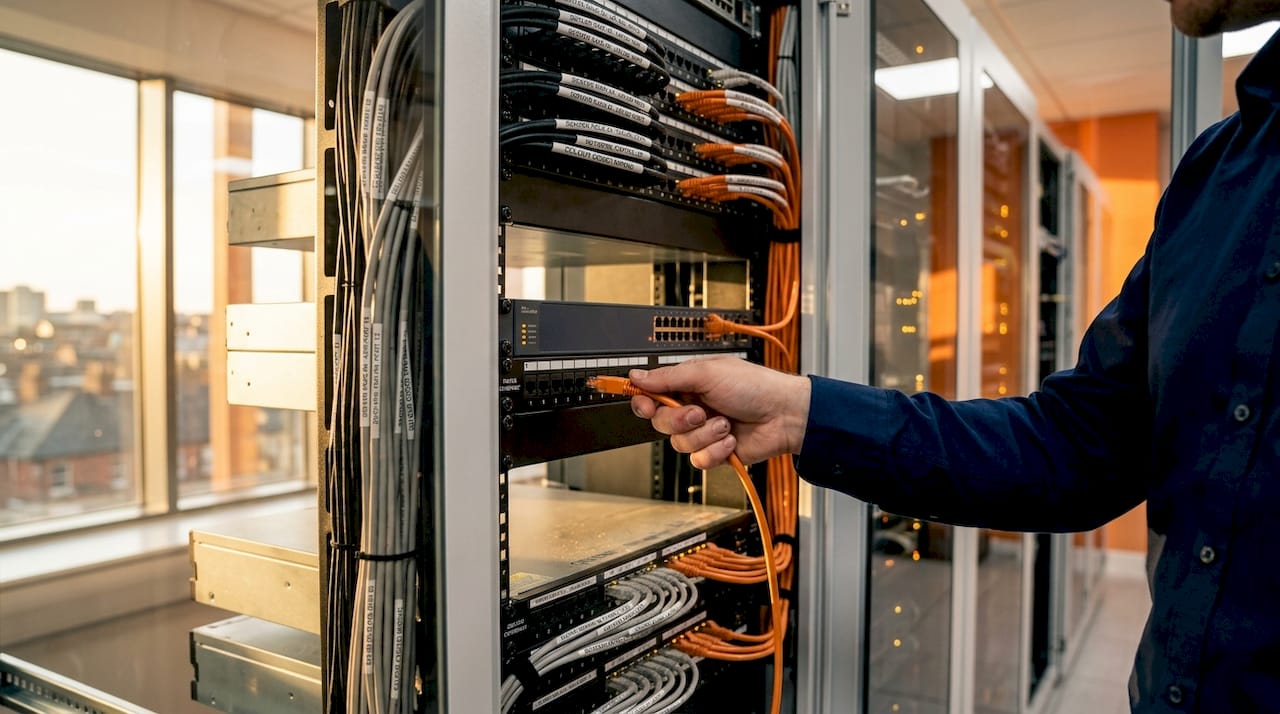 Technician connecting cables in property tech server rack